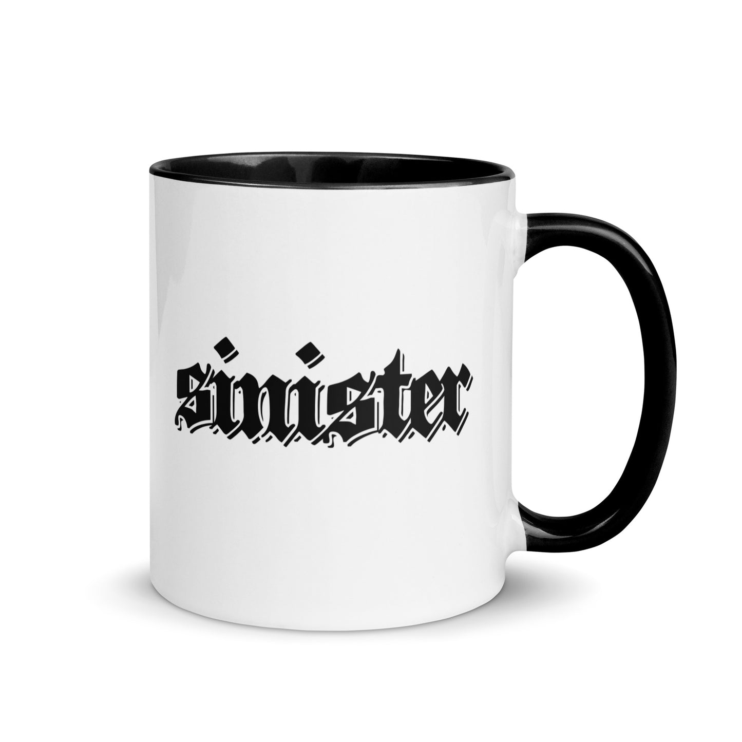 White ceramic mug for left-handers featuring black gothic text "Sinister" with black handle and interior.