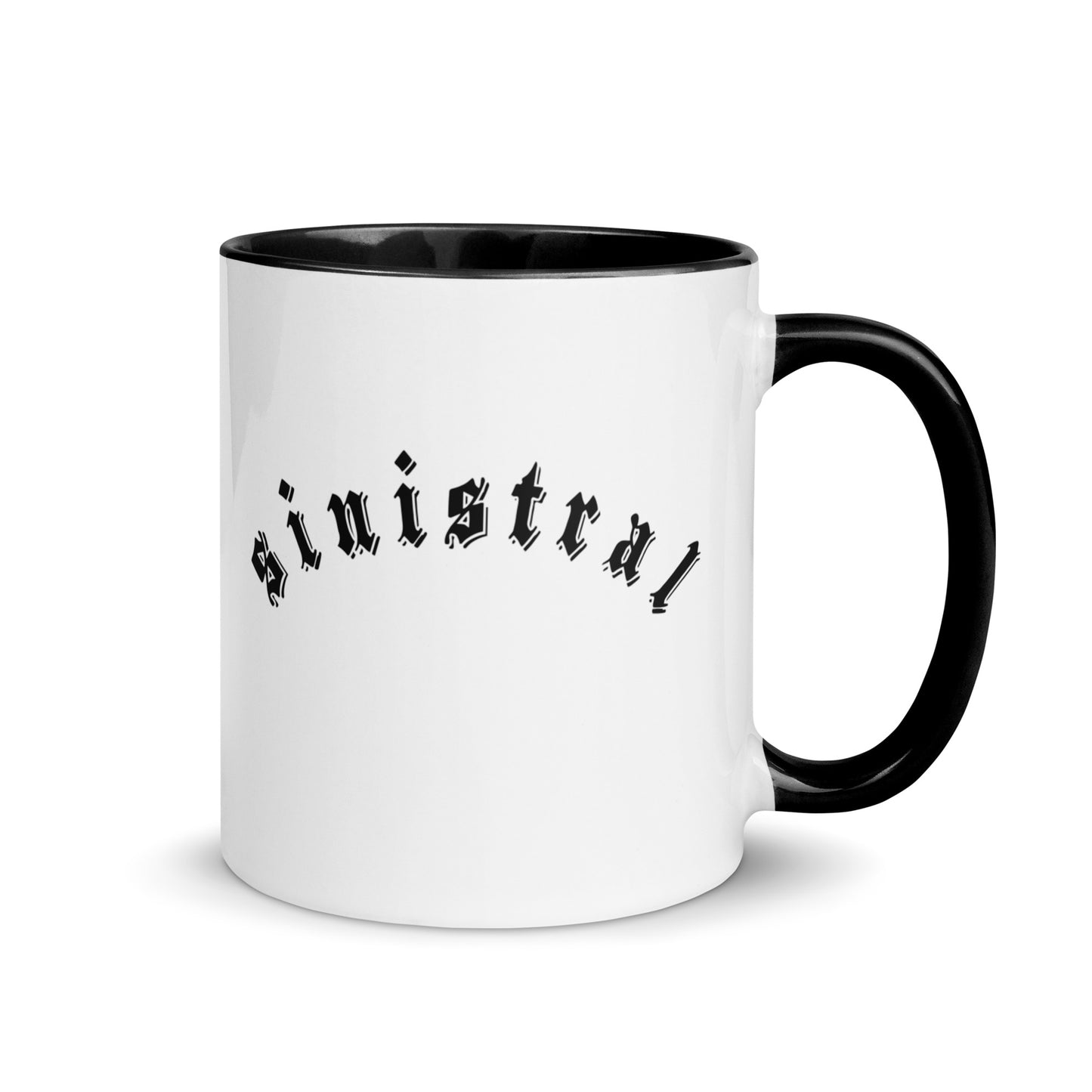 White ceramic mug for left-handers featuring black gothic text "Sinistral" with black handle and interior.
