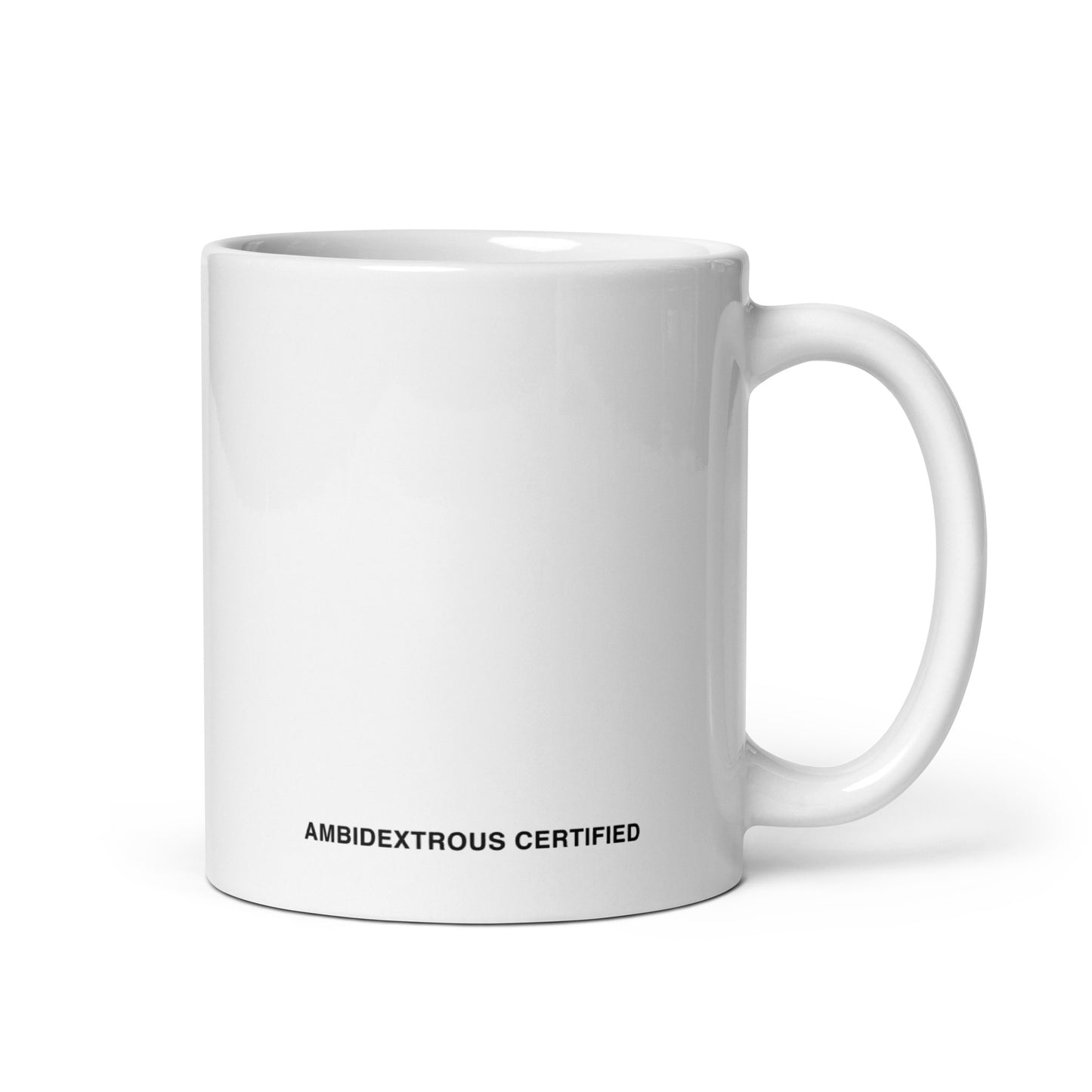 White ceramic mug for left-handers featuring "Left Hand Approved" seal of approval.