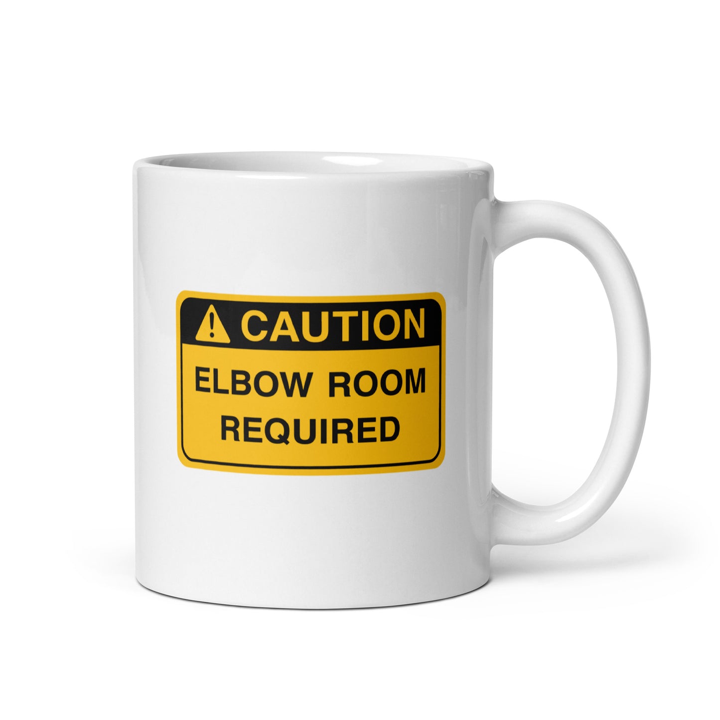 White ceramic mug for left-handers with a caution elbow room required hazard sign design