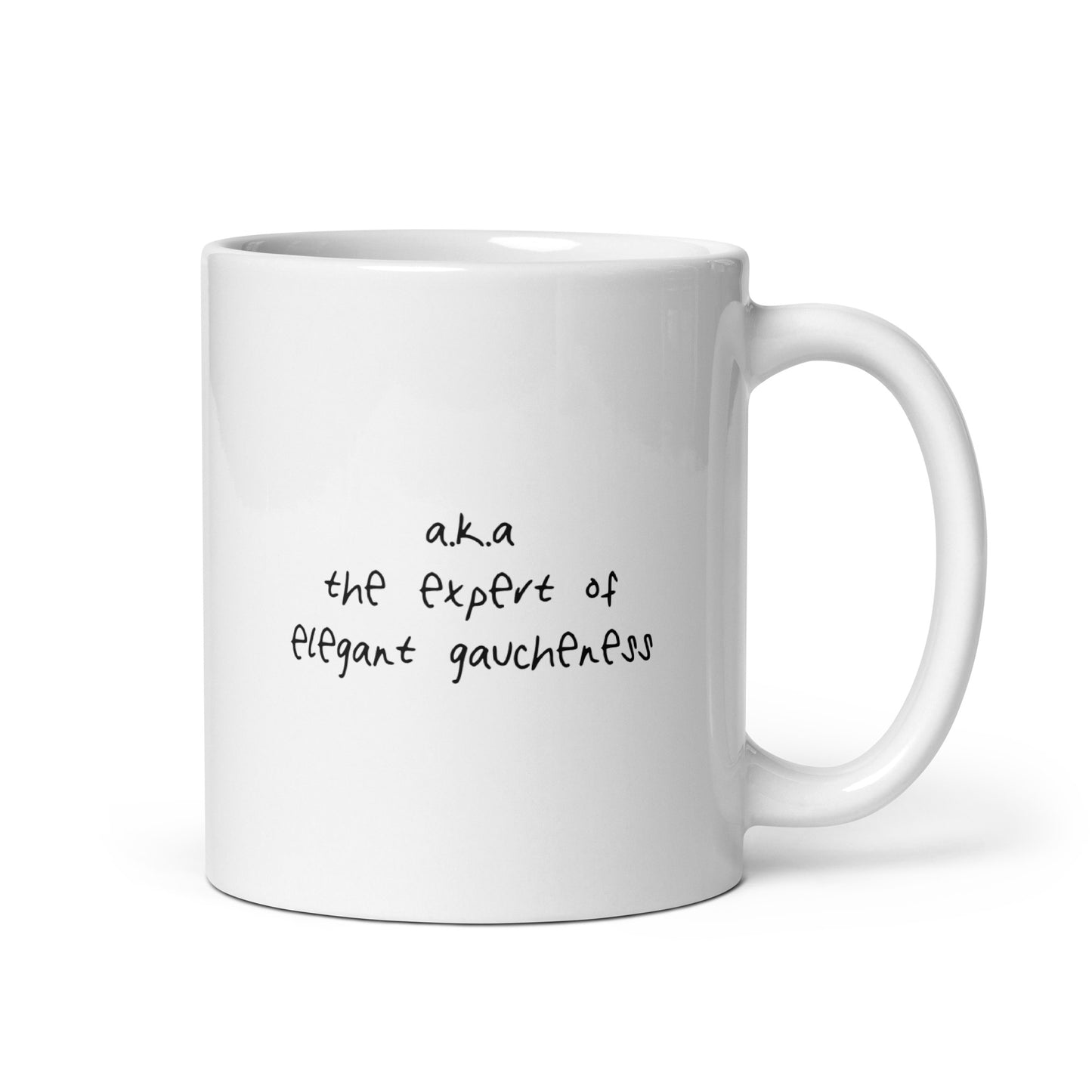 White ceramic mug for left-handers with hello i’m tres maladroit sticker inspired design