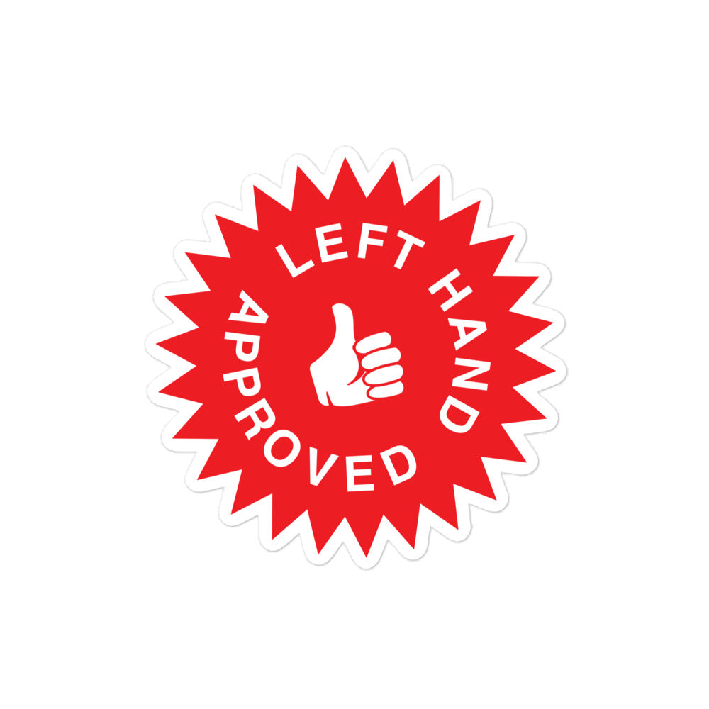 Vinyl sticker for left-handers featuring "Left Hand Approved" seal of approval.