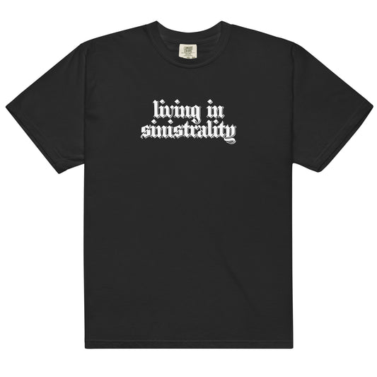 Black cotton t-shirt for left-handers featuring "Living in Sinistrality" in bold gothic font.