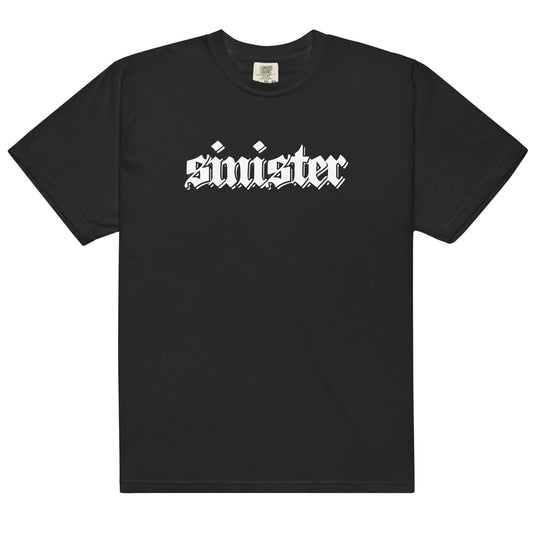 Black cotton t-shirt for left-handers featuring "Sinister" in bold gothic font.