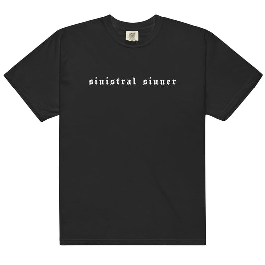 Black cotton t-shirt for left-handers featuring "Sinistral Sinner" in bold gothic font.