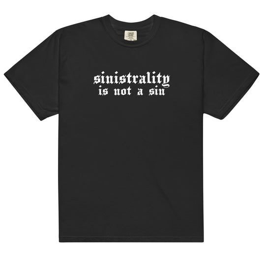 Black cotton t-shirt for left-handers featuring "Sinistrality Is Not a Sin" in bold gothic font.