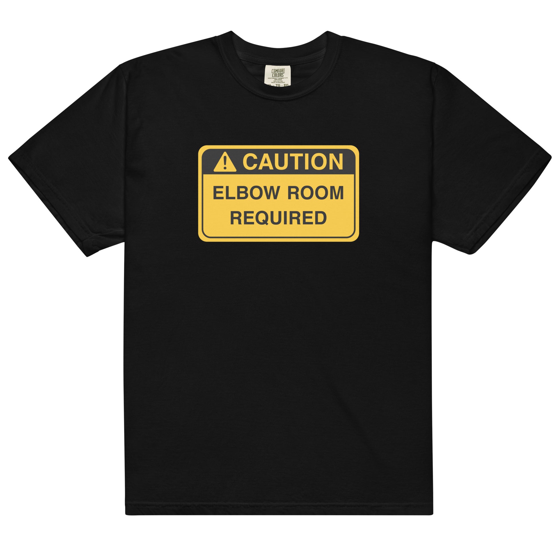 Black cotton t-shirt for left-handers featuring "Caution: Elbow Room Required" hazard sign.