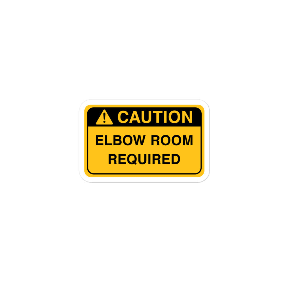 Durable vinyl sticker for left-handers featuring "Caution: Elbow Room Required" hazard sign.