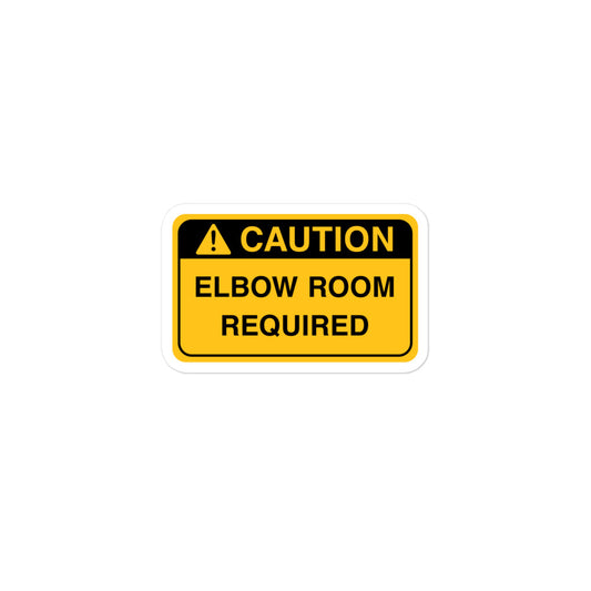 Durable vinyl sticker for left-handers featuring "Caution: Elbow Room Required" hazard sign.