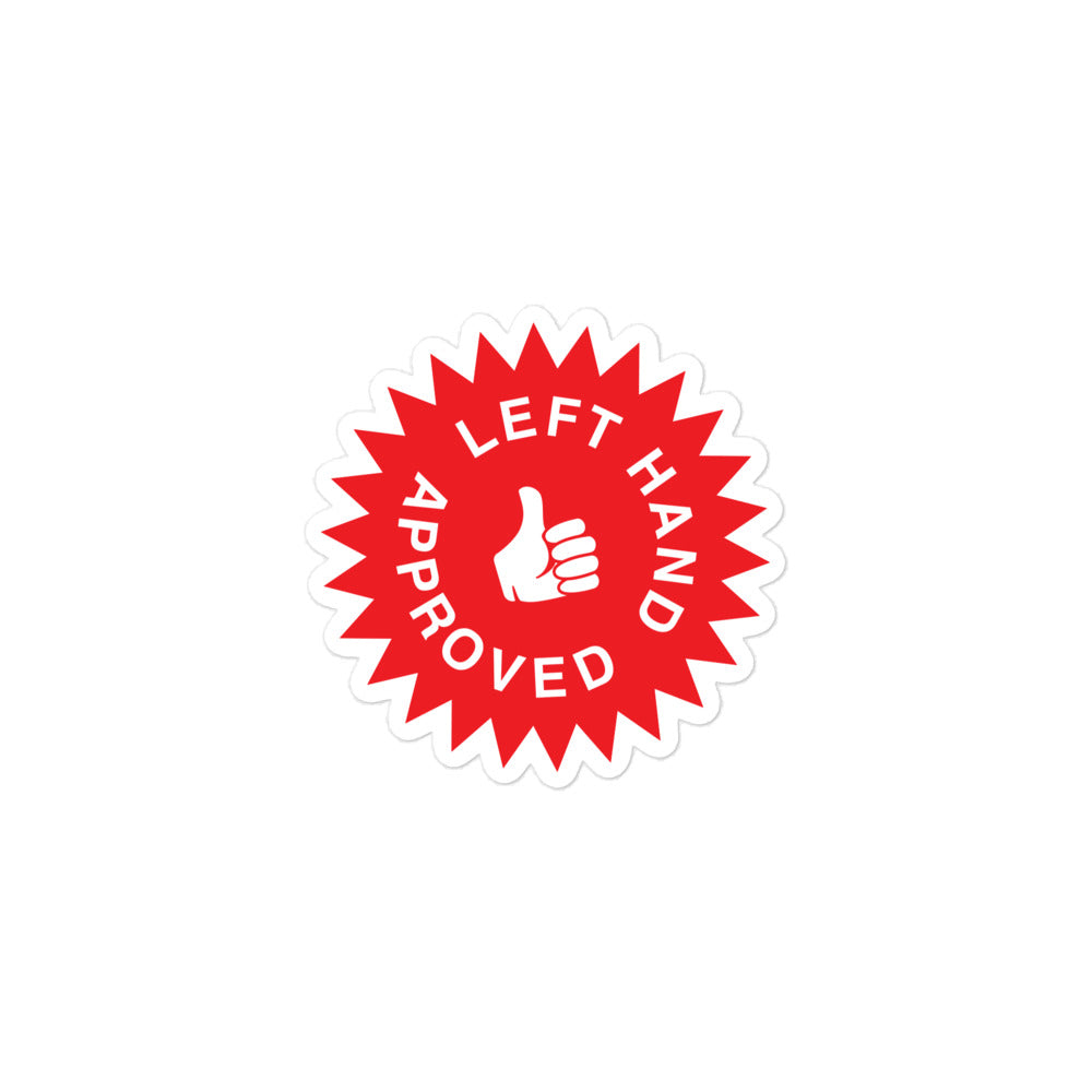 Durable vinyl sticker for left-handers featuring "Left Hand Approved" seal of approval.