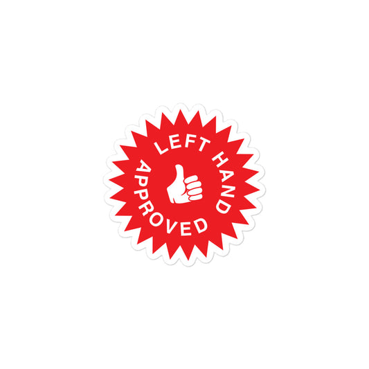 Durable vinyl sticker for left-handers featuring "Left Hand Approved" seal of approval.