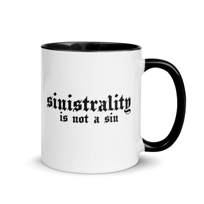 White ceramic mug for left-handers featuring black gothic text 'Sinistrality is not a sin' with black handle and interior.