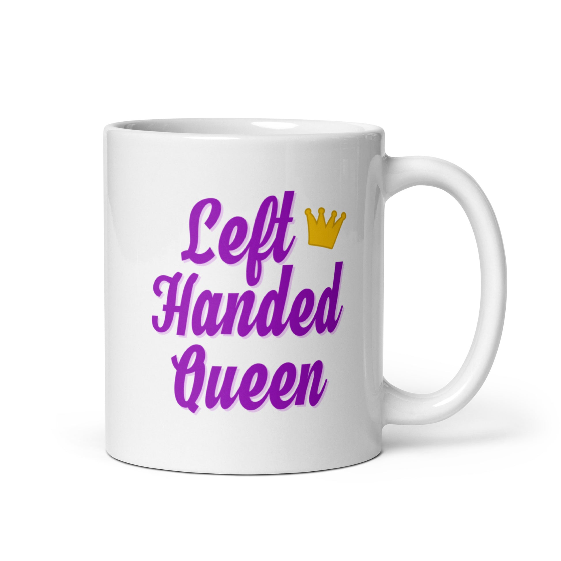 White ceramic mug for left-handers featuring the statement "Left-Handed Queen" in bold graphic text.