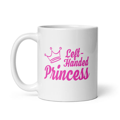 White ceramic mug for left-handers featuring the statement "Left-Handed Princess" in bold graphic text.