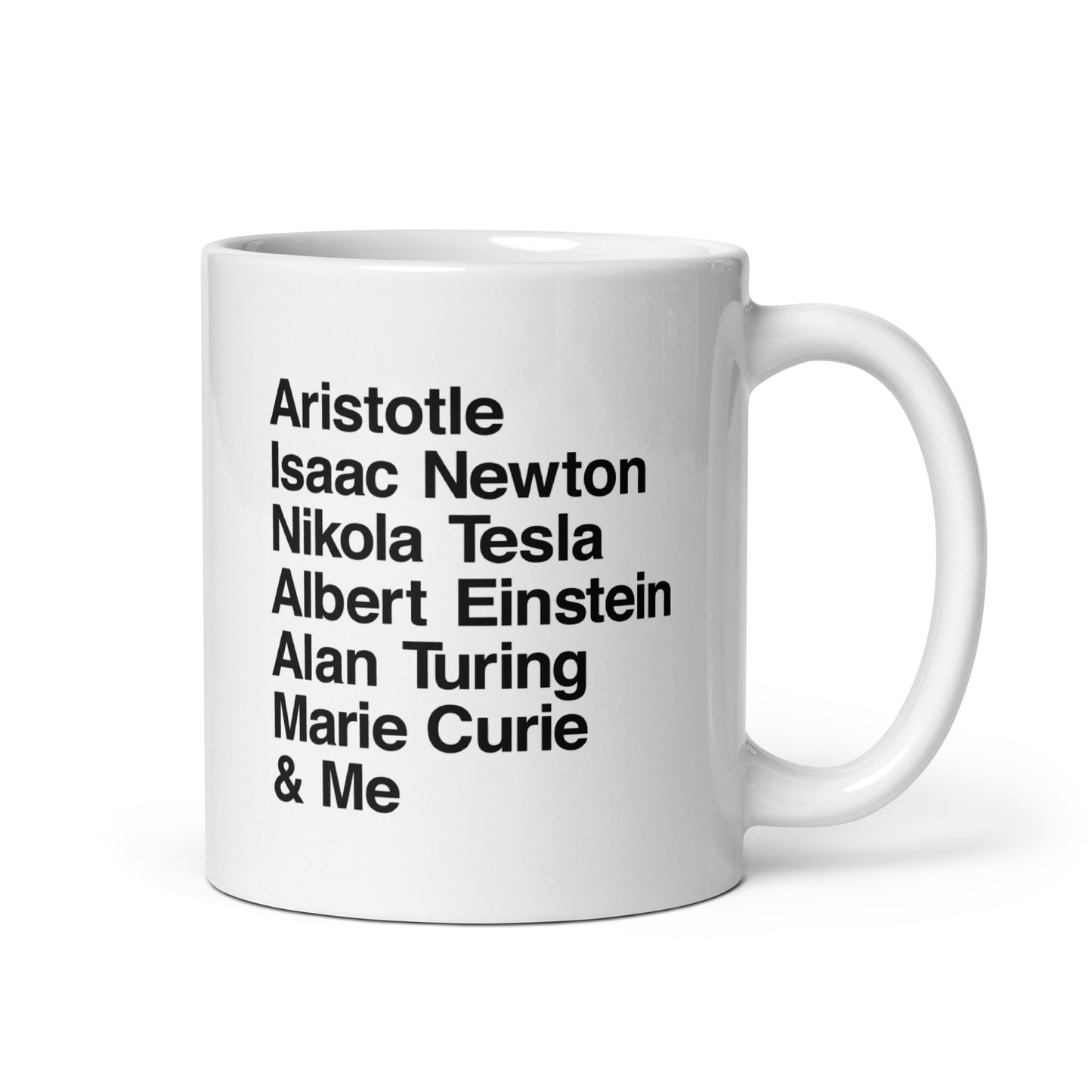 White ceramic mug for left-handers with a black text list of famous left-handed geniuses
