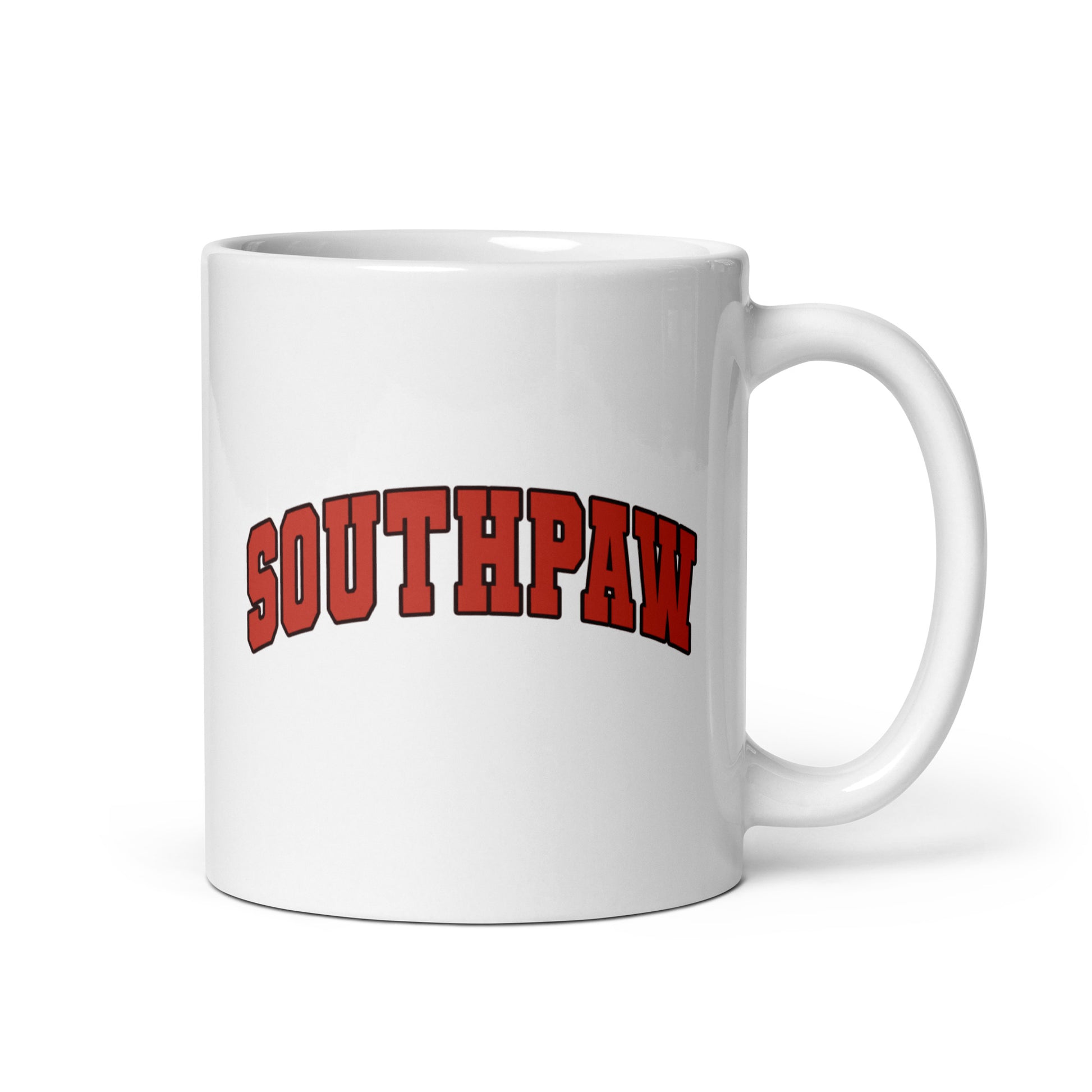 White ceramic mug for left-handers with a southpaw varsity style design