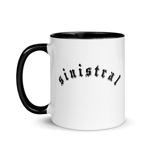 White ceramic mug for left-handers featuring black gothic text "Sinistral" with black handle and interior.