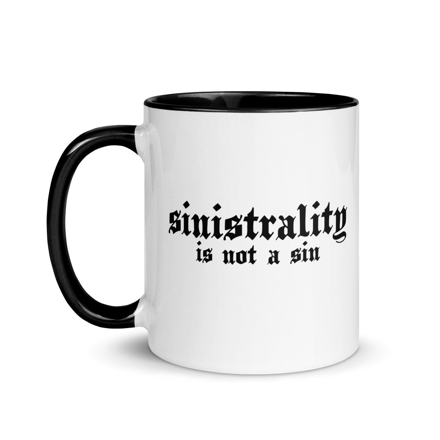 White ceramic mug for left-handers featuring black gothic text 'Sinistrality is not a sin' with black handle and interior.