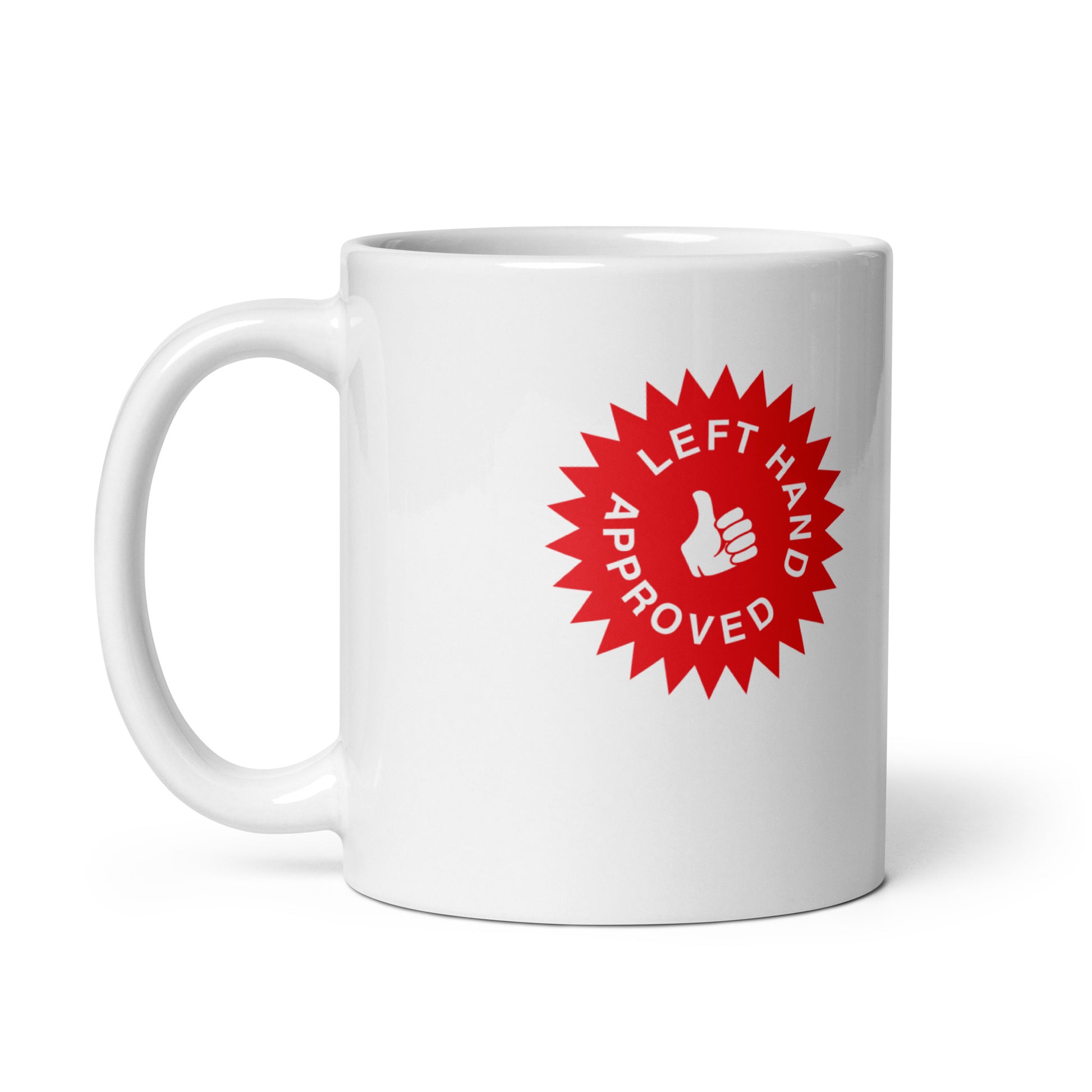 White ceramic mug for left-handers featuring "Left Hand Approved" seal of approval.