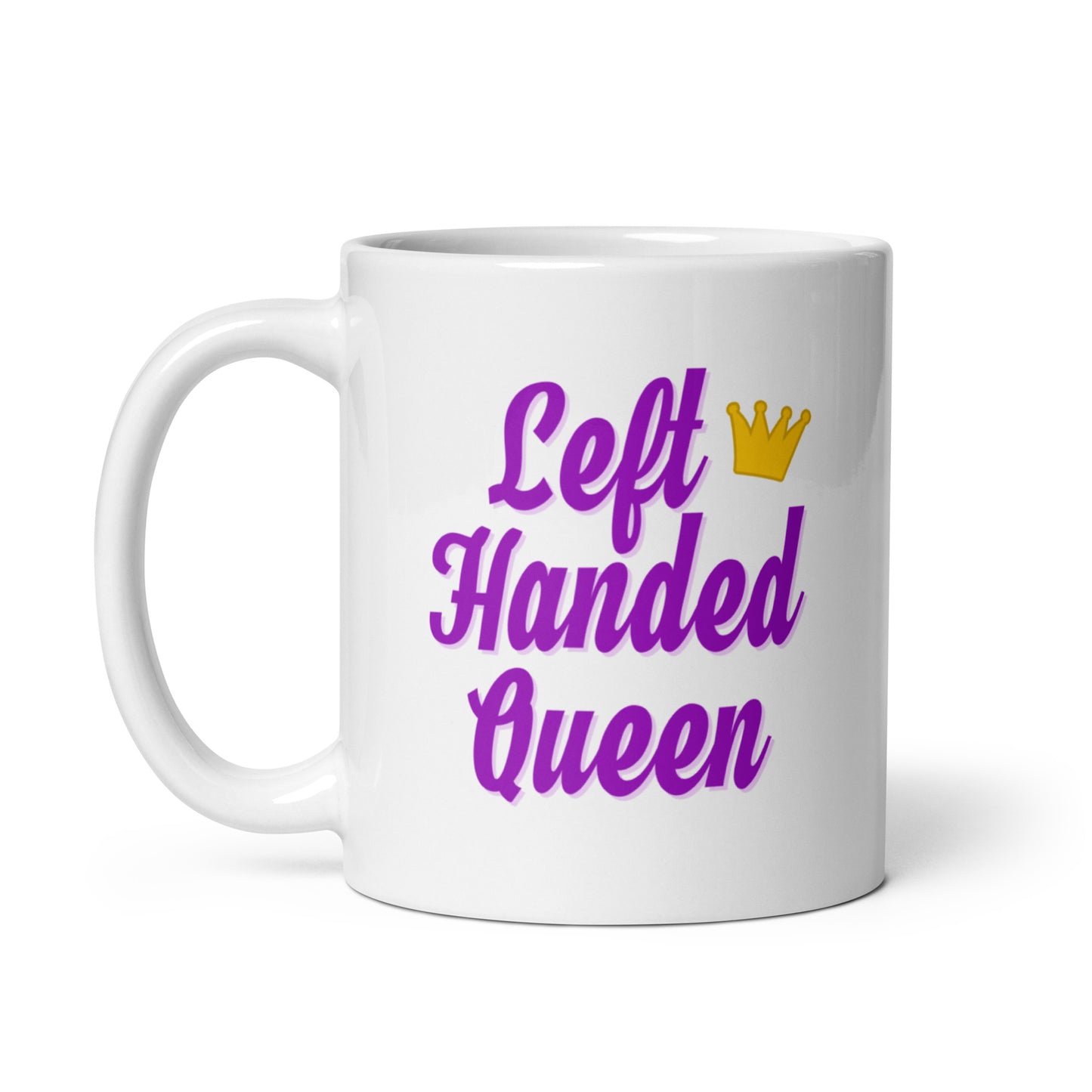 White ceramic mug for left-handers featuring the statement "Left-Handed Queen" in bold graphic text.