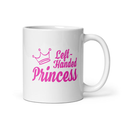 White ceramic mug for left-handers featuring the statement "Left-Handed Princess" in bold graphic text.