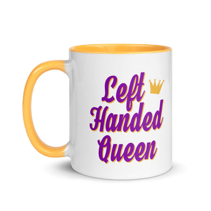 White ceramic mug for left-handers featuring a crown and the statement "Left-Handed Queen" in bold graphic text with golden yellow handle and interior.
