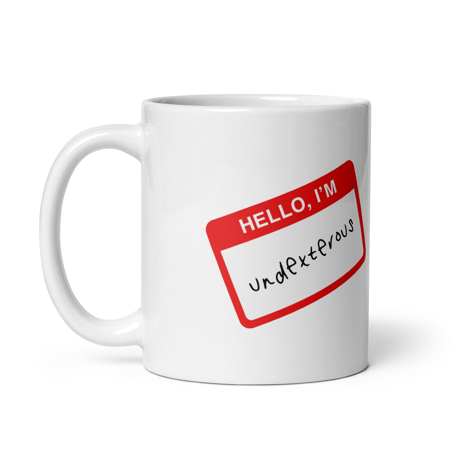 White ceramic mug for left-handers with hello i’m undexterous sticker inspired design