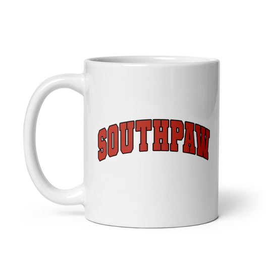 White ceramic mug for left-handers with a southpaw varsity style design