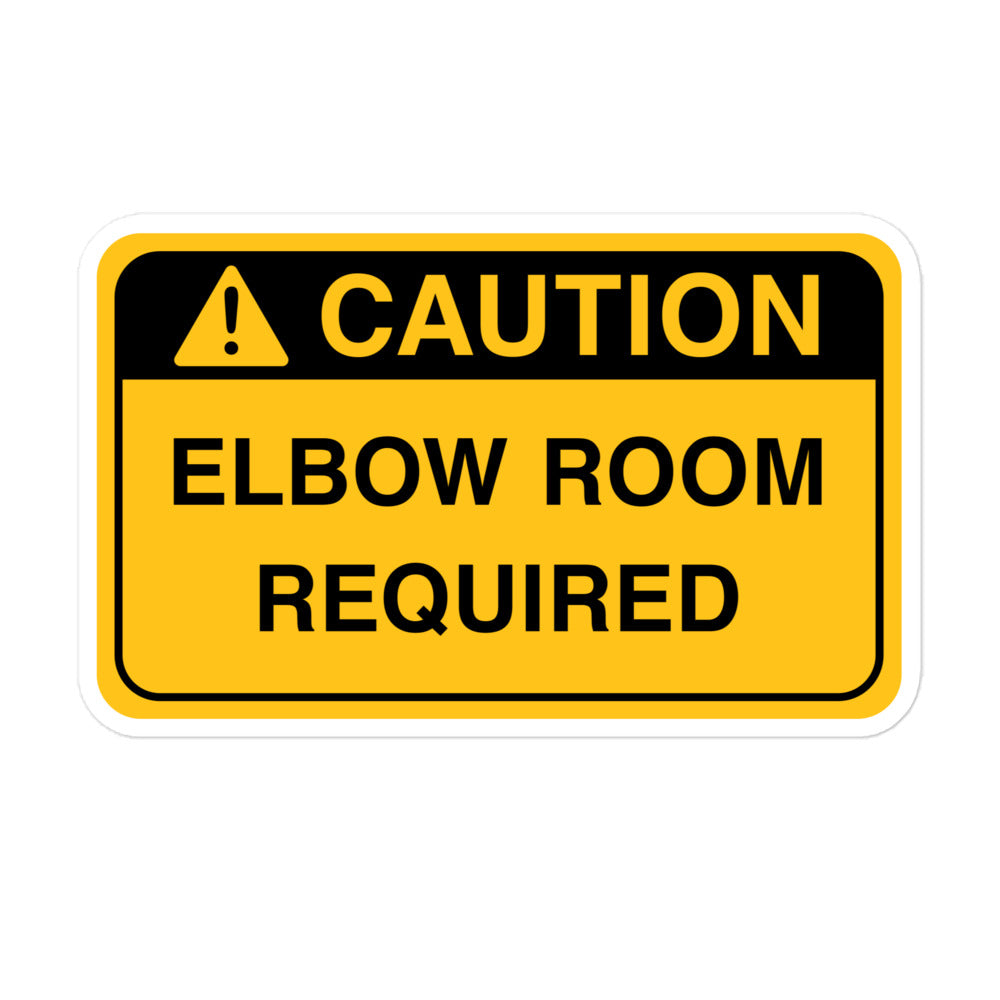 Durable vinyl sticker for left-handers featuring "Caution: Elbow Room Required" hazard sign.