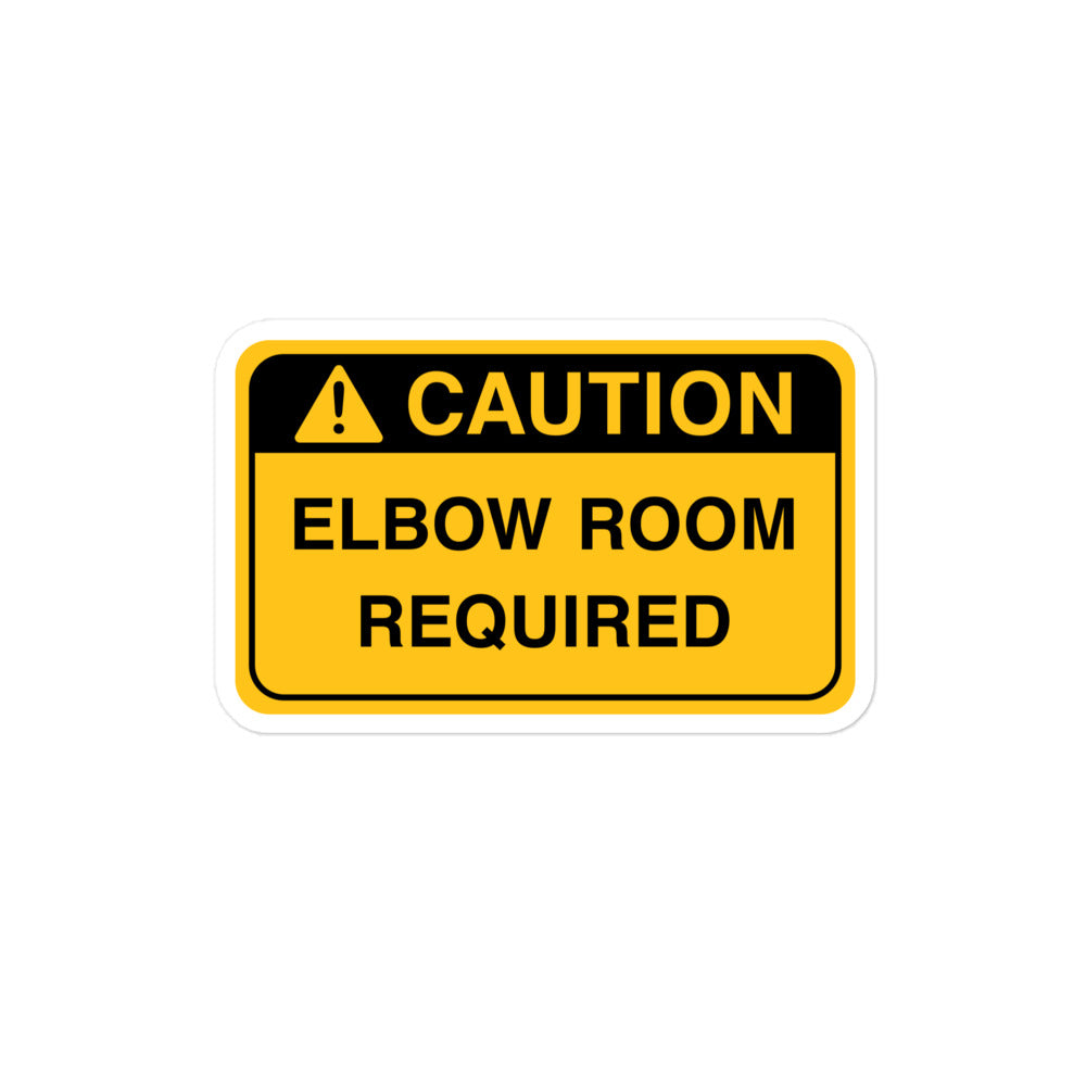 Durable vinyl sticker for left-handers featuring "Caution: Elbow Room Required" hazard sign.