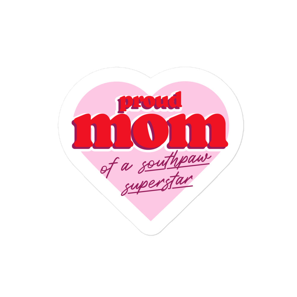 Vinyl sticker for left-handers’ mom featuring the statement "Proud Mom of a Southpaw Superstar" in bold graphic text.