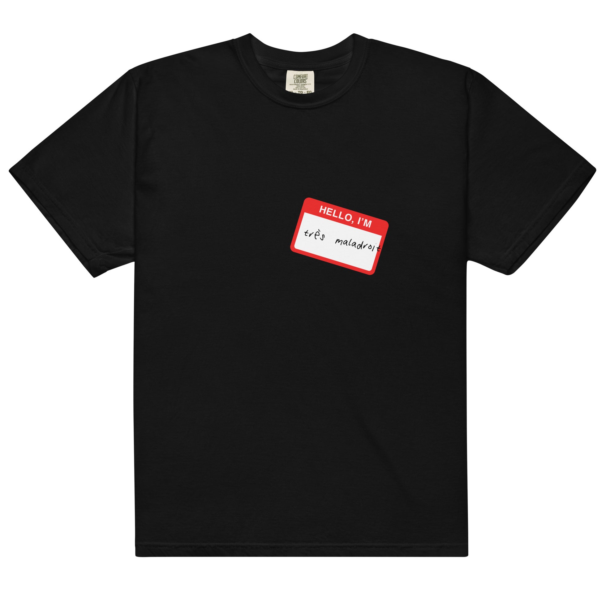 Black cotton t-shirt for left-handers featuring a clumsily placed sticker design with "Hello, I’m Tres Maladroit."