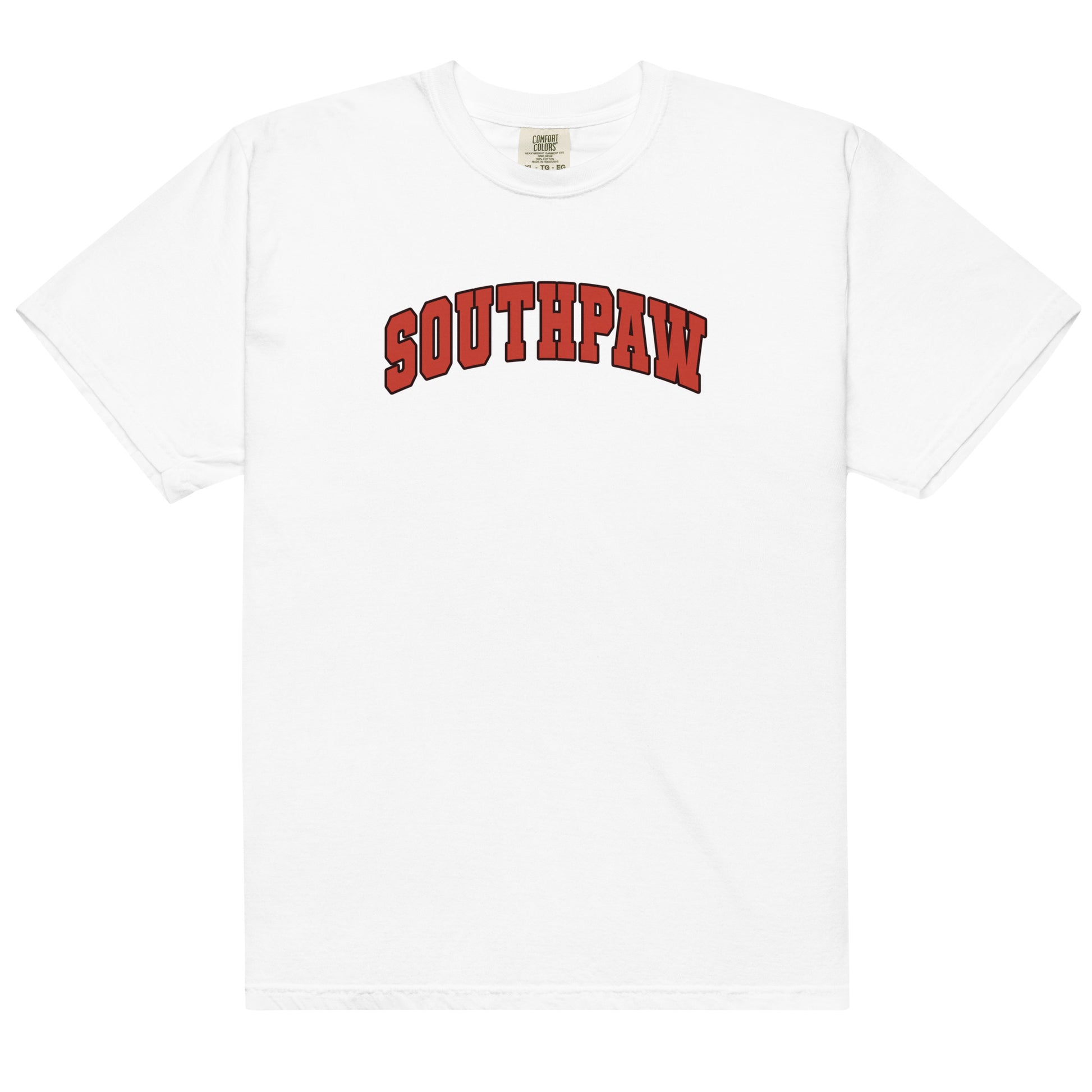 White cotton t-shirt for left-handers featuring the statement "Southpaw" in varsity-style text.