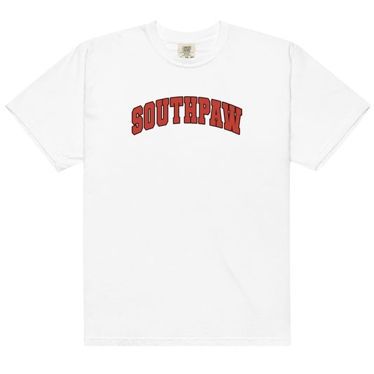 White cotton t-shirt for left-handers featuring the statement "Southpaw" in varsity-style text.