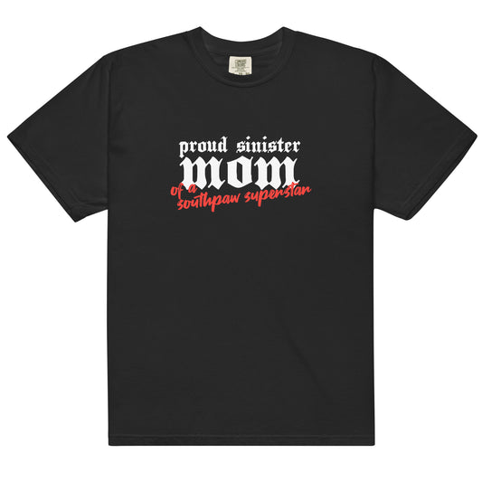 Black cotton t-shirt for left-handers’ moms featuring "Proud Mom of a Southpaw Superstar" in bold gothic font.