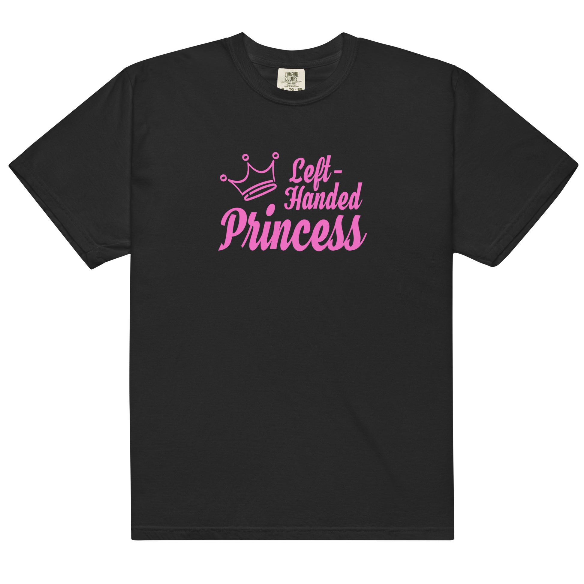 Black cotton t-shirt for left-handers featuring the statement "Left-Handed Princess" in bold graphic text.