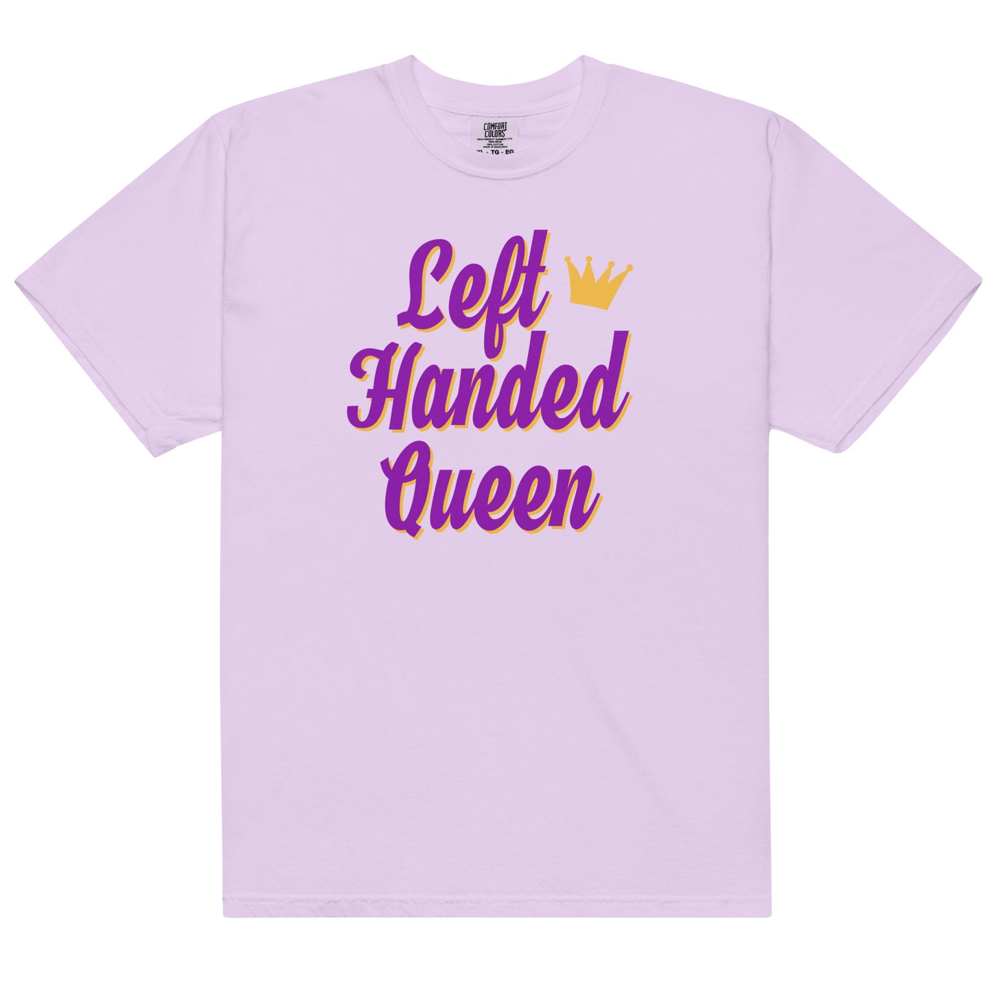 Light purple cotton t-shirt for left-handers featuring a crown and  the statement "Left-Handed Queen" in bold graphic text.