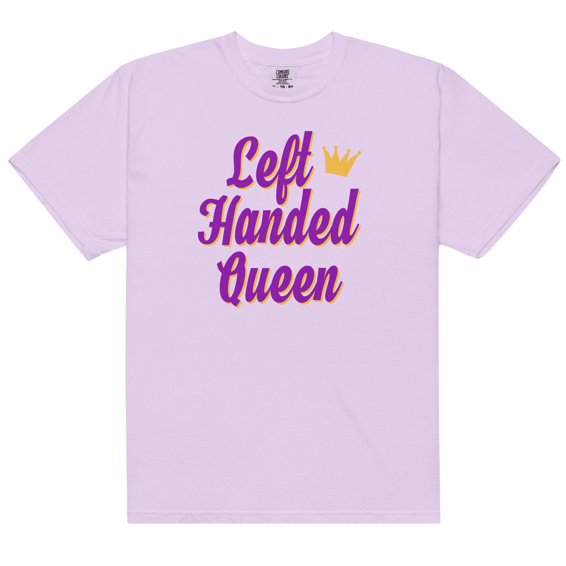 Light purple cotton t-shirt for left-handers featuring a crown and  the statement "Left-Handed Queen" in bold graphic text.