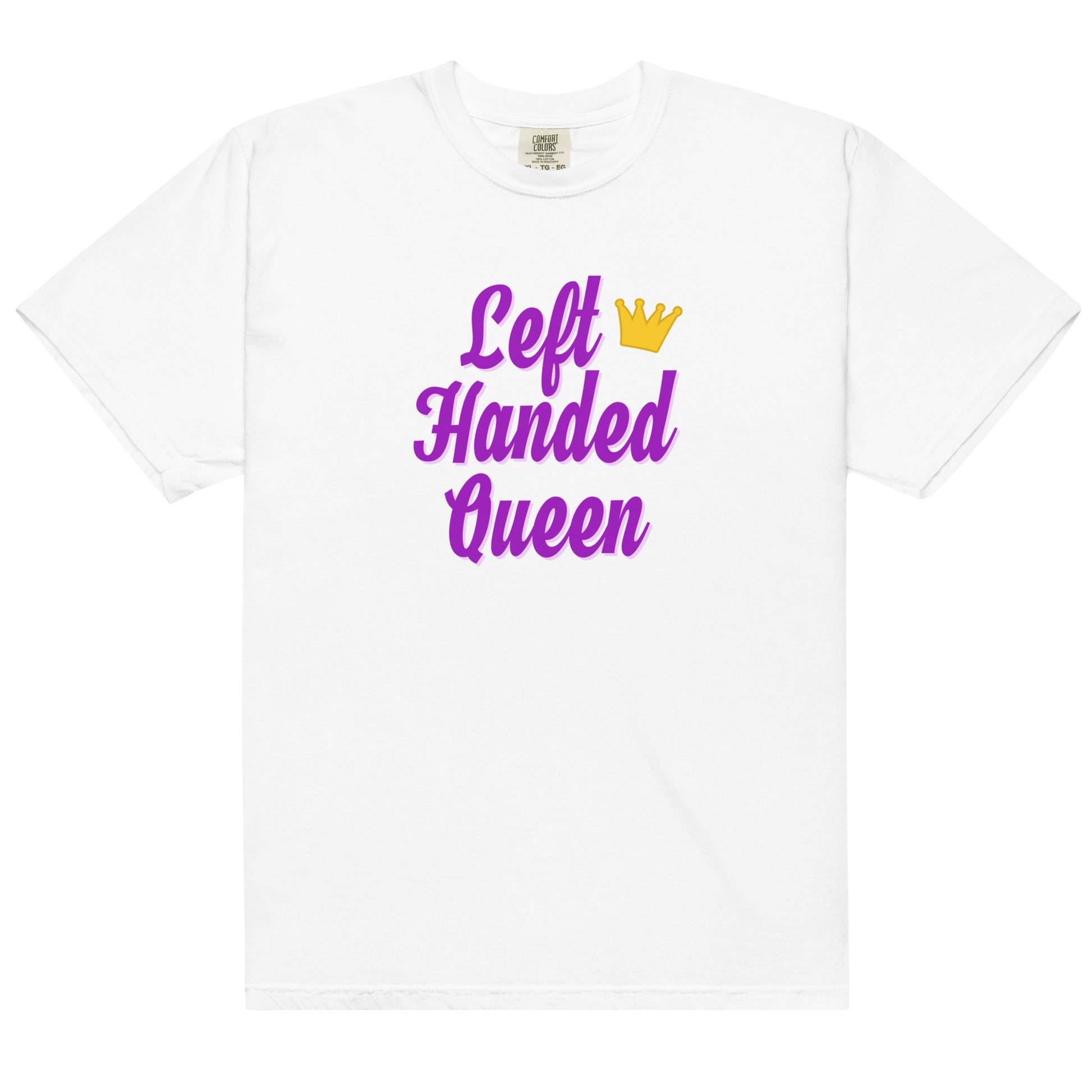 White cotton t-shirt for left-handers featuring the statement "Left-Handed Queen" in bold graphic text.