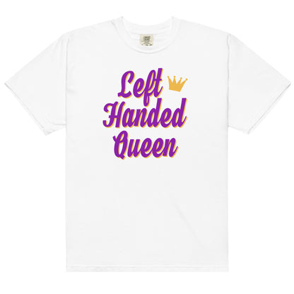 White cotton t-shirt for left-handers featuring a crown and  the statement "Left-Handed Queen" in bold graphic text.