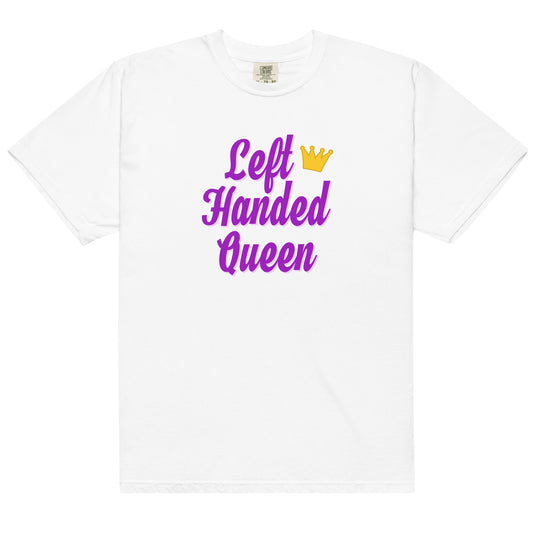 White cotton t-shirt for left-handers featuring the statement "Left-Handed Queen" in bold graphic text.