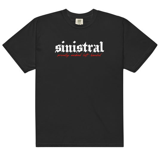 Black cotton t-shirt for left-handers featuring "Sinistral: Proudly Left-Handed" in bold gothic font.