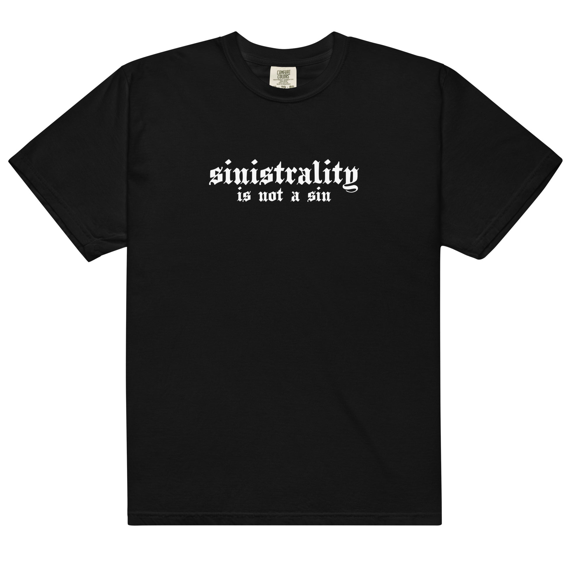 Black cotton t-shirt for left-handers featuring "Sinistrality Is Not a Sin" in bold gothic font.