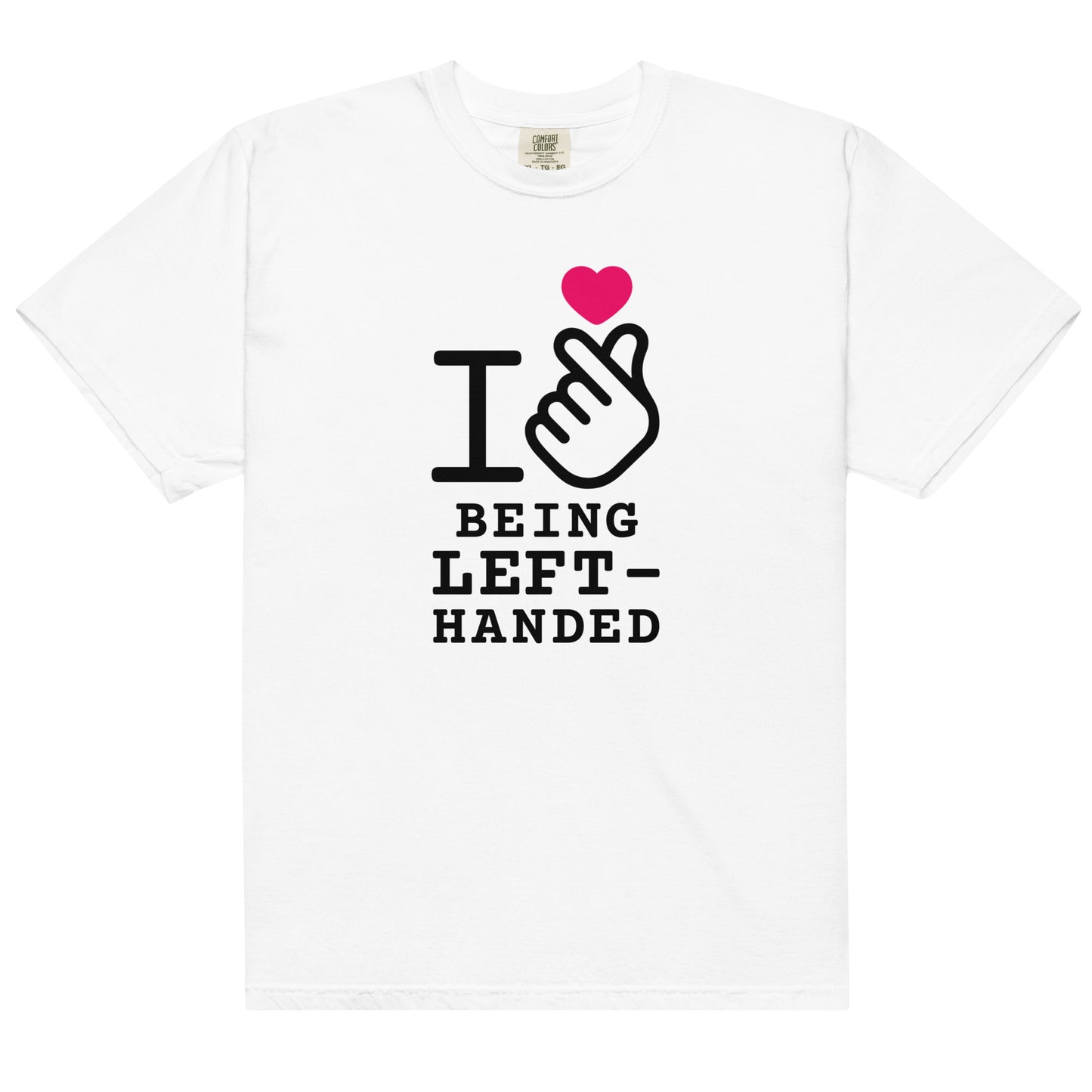 White cotton t-shirt for left-handers featuring the slogan  "I Love Being Left-Handed" in bold graphic text.
