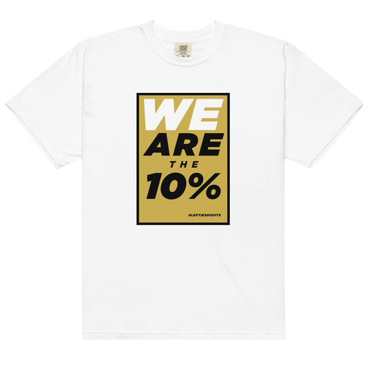 White cotton t-shirt for left-handers featuring the slogan  "We are the 10%" in bold graphic text.