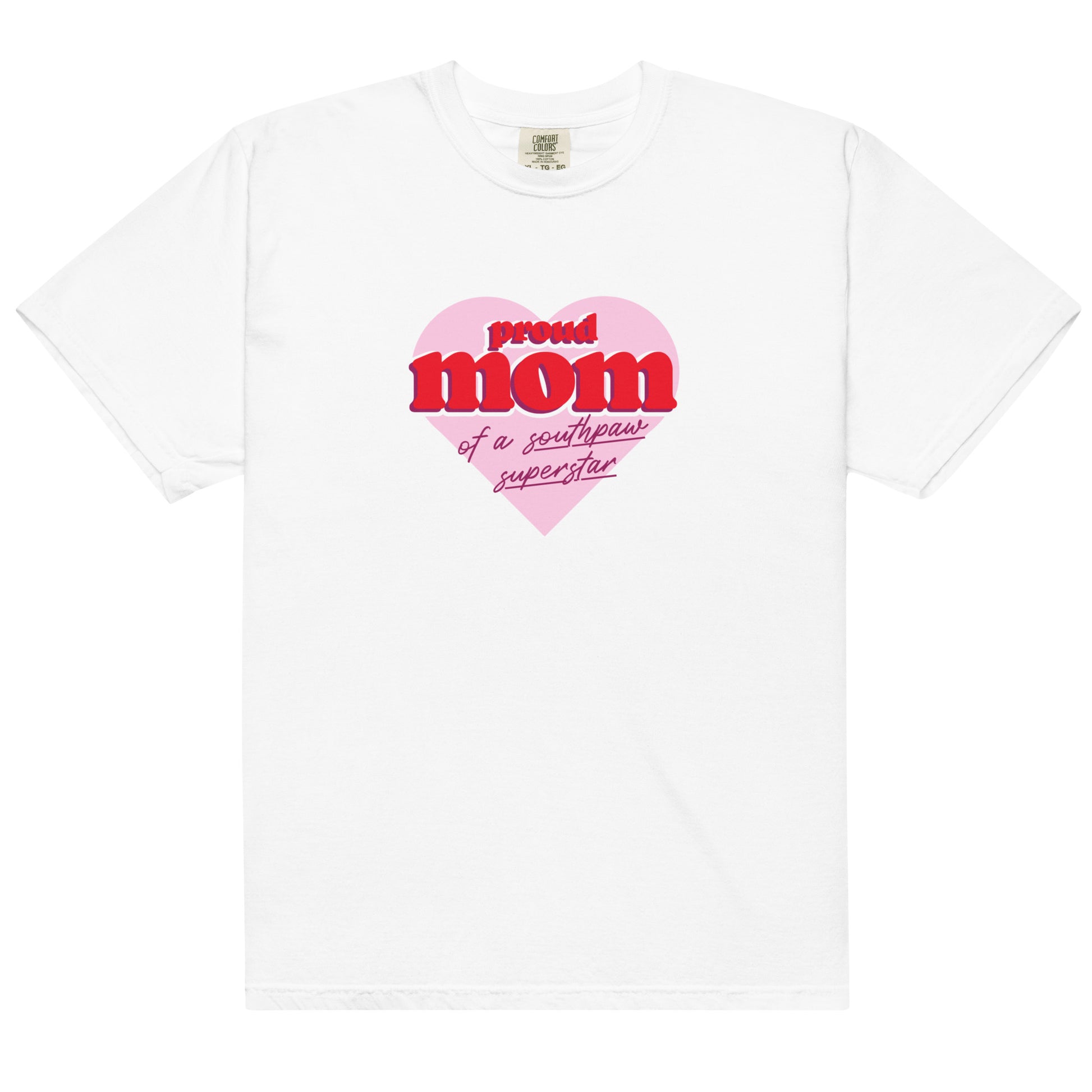 White cotton t-shirt for moms of left-handers featuring the statement "Proud Mom of Southpaw Superstar" in bold graphic text.
