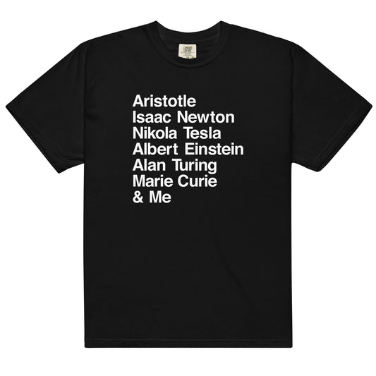 Black cotton t-shirt for left-handers featuring iconic lefty geniuses: Aristotle, Isaac Newton, Nikola Tesla, Albert Einstein, Alan Turing, and Marie Curie.