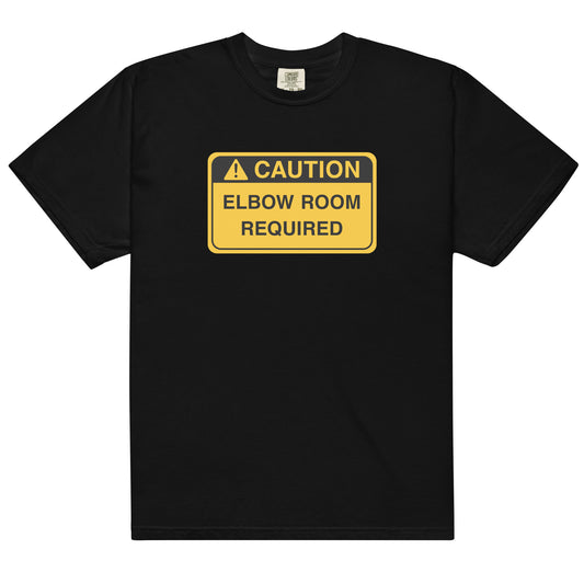 Black cotton t-shirt for left-handers featuring "Caution: Elbow Room Required" hazard sign. 