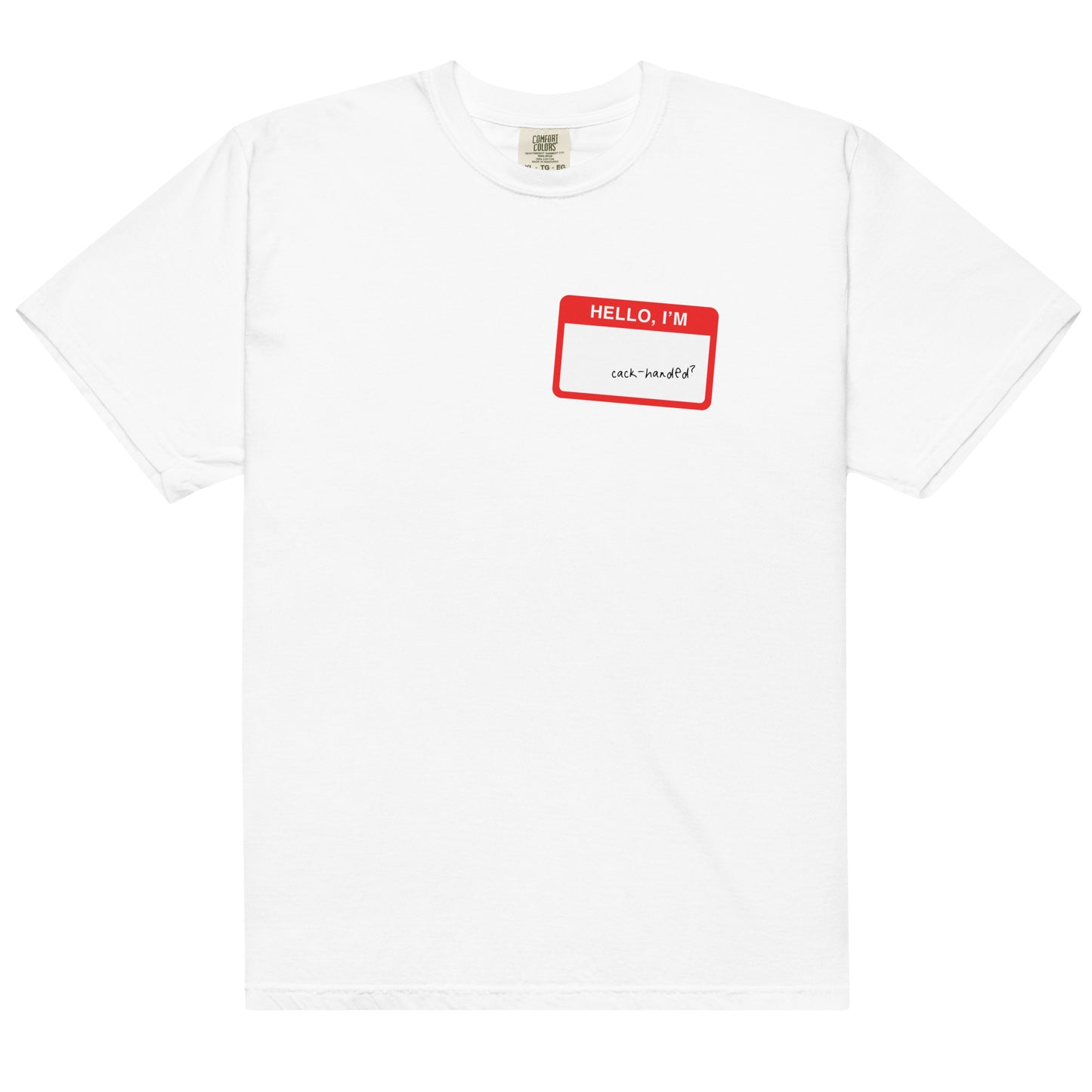 White cotton t-shirt for left-handers featuring a sticker-inspired design with "Hello, I’m Cack-Handed."